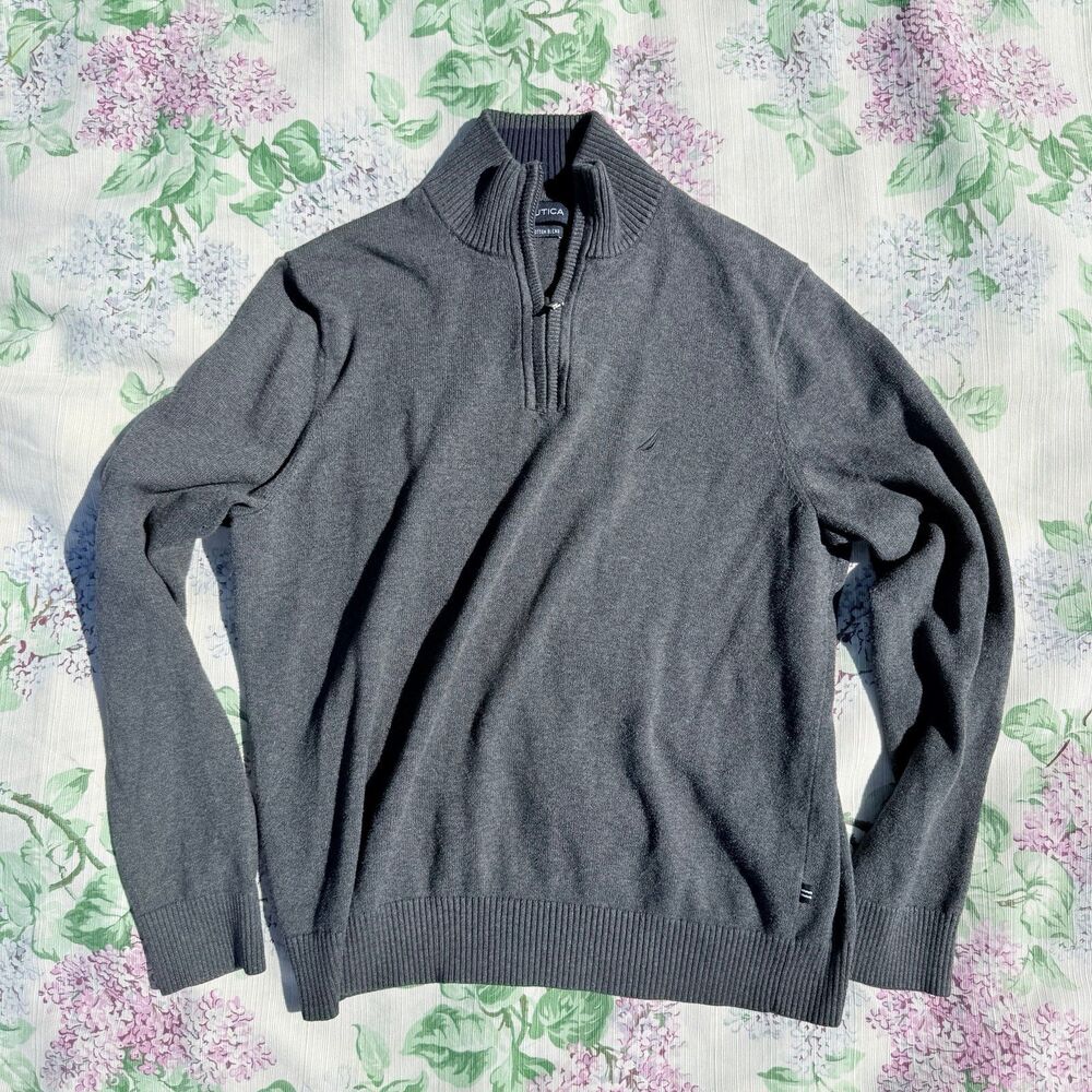 Nautica Men's Gray Mock Neck Quarter Zip Sweater